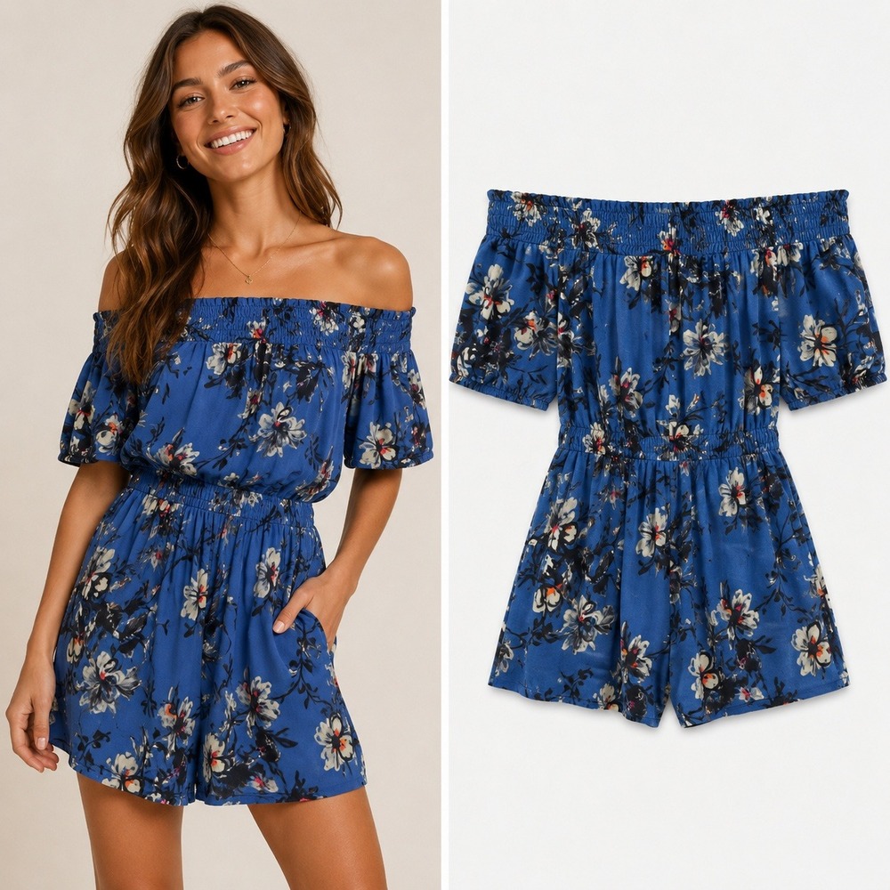 Romper Shorts One Piece Off Shoulder Stretch Women's S small Blue Floral